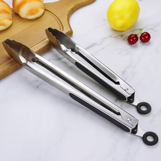 Durable Premium Kitchen Tools Non-Slip 9/12 Inch Stainless Steel Locking Food Tongs with TPR Anti Slip Strip for Cooking BBQ