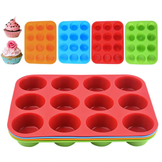 BPA-Free 1 Piece 12 Cavity Round Silicone Cake Mold Nonstick Heat Resistant Baking Tools for Brownie Muffin Cookie Cake
