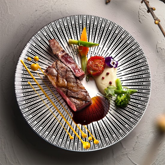 Wholesale Moroccan Striped Ceramic Dinner Plates 6 8 10 Inch Vintage Porcelain Black and White Two-tone Plates