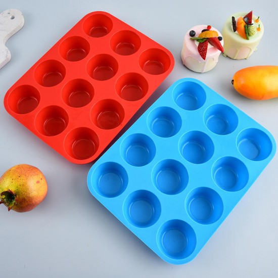 BPA-Free 1 Piece 12 Cavity Round Silicone Cake Mold Nonstick Heat Resistant Baking Tools for Brownie Muffin Cookie Cake