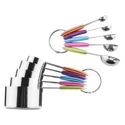 Round Shape 10 Piece Colored Silicone Handle Heavy Duty Stainless Steel Measuring Cups and Measuring Spoons Set