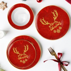 Wholesale Christmas Reindeer Dinner Set Bone China Xmas Red Plates Dinnerware with Gold Rim Vajilla De Navidad