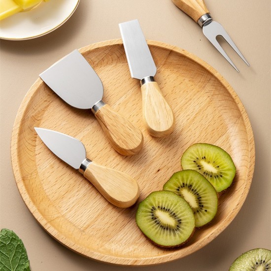 Set of 4 Kitchen Tools Gadgets Cheese Cutter Knives Set Stainless Steel Knife Fork Cheese Slicers with Wood Handle