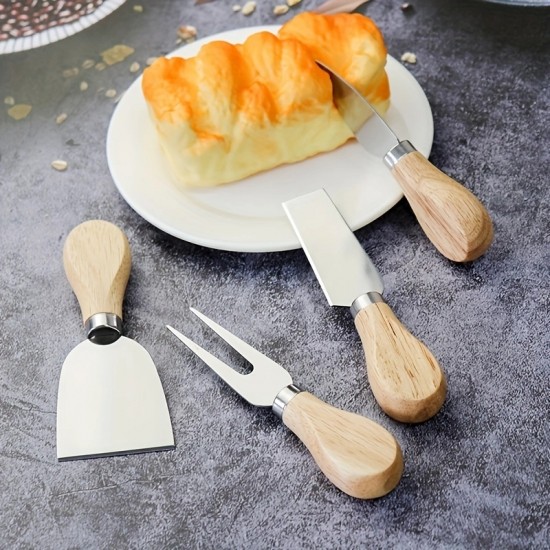 Set of 4 Kitchen Tools Gadgets Cheese Cutter Knives Set Stainless Steel Knife Fork Cheese Slicers with Wood Handle