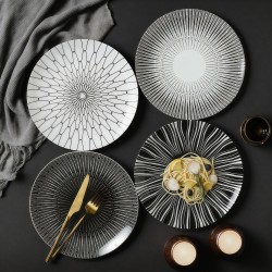 Wholesale Porcelain Geometric Stripe Dinner Plate Nordic Black and White Ceramic Plates for Restaurant Decoration