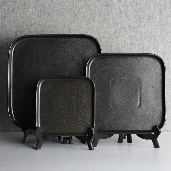 Matt Black Square Porcelain Dinner Plate Set Sushi Plates Set for Restaurant Black Square Steak Plate Ceramic Tea Tray