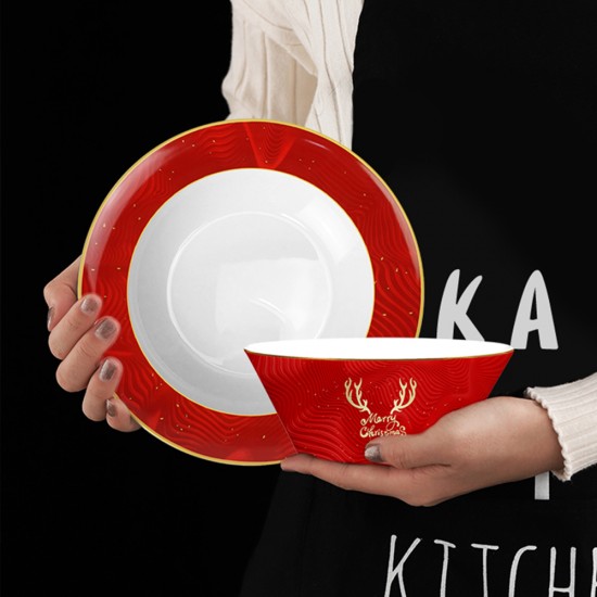 Wholesale Christmas Reindeer Dinner Set Bone China Xmas Red Plates Dinnerware with Gold Rim Vajilla De Navidad