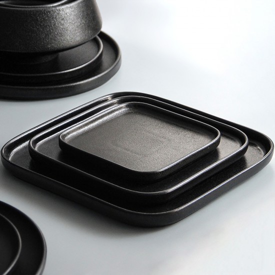Wholesale Black Glazed Dinner Plates Sets Dinnerware Matte Black Round Square Tableware Assiettes En Porcelaine En Gros
