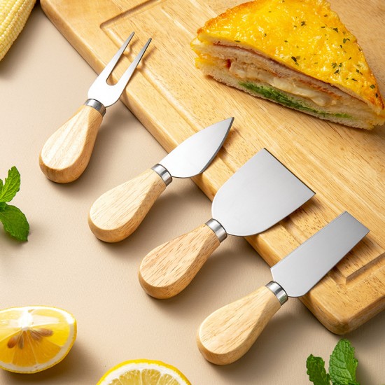 Set of 4 Kitchen Tools Gadgets Cheese Cutter Knives Set Stainless Steel Knife Fork Cheese Slicers with Wood Handle
