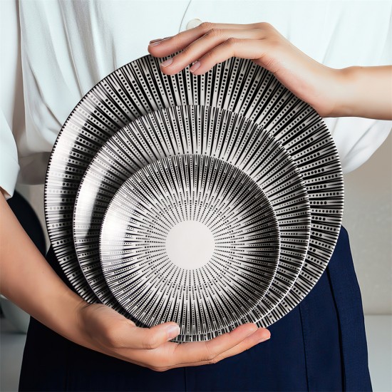 Wholesale Moroccan Striped Ceramic Dinner Plates 6 8 10 Inch Vintage Porcelain Black and White Two-tone Plates