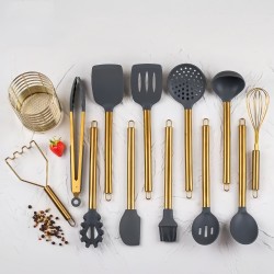 Heat Resistance Gold Plated 12 Piece Stainless Steel Handle Silicone Kitchen Cooking Utensils Set with Utensil Rack