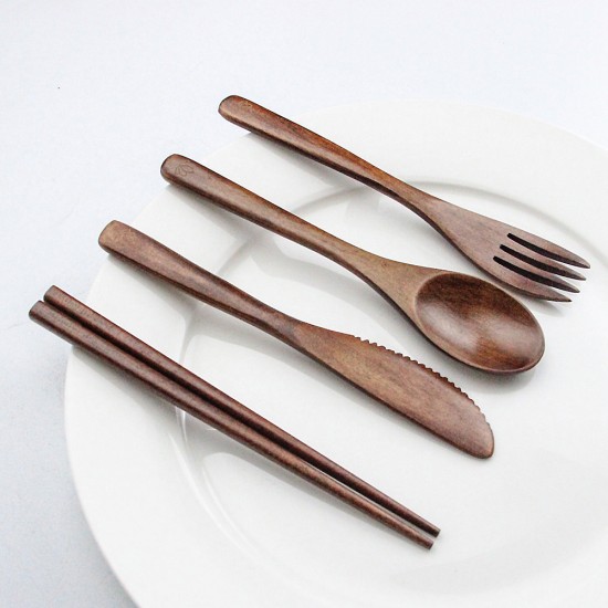 Reusable Fork Knife and Spoon Set for Travel Camping Natural Wooden Kids Cutlery Flatware Sets