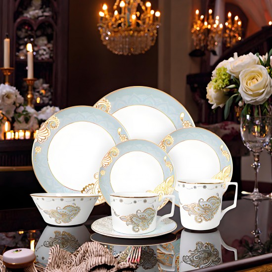 Luxury Gold Rim Arabic Royal Charger Plates Blue and White Floral Dinner Plates Bohemian Fine Bone China Dishes for Wedding