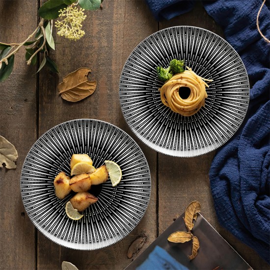 Wholesale Moroccan Striped Ceramic Dinner Plates 6 8 10 Inch Vintage Porcelain Black and White Two-tone Plates