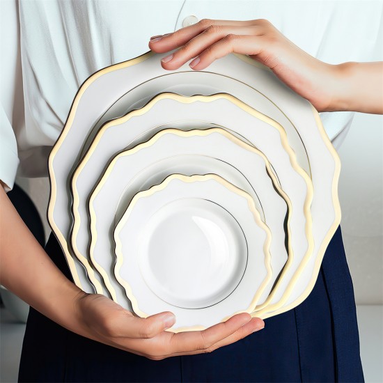 Luxury Scalloped Sunflower Dishes Plate Set Irregular Wedding Table Decorative Charger Plates with Gold Rim