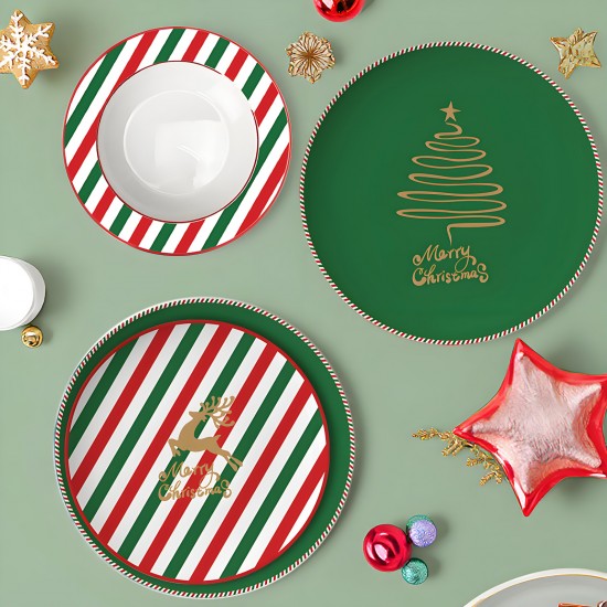 Wholesale Christmas Eve Green Charger Plates Bone China Xmas Serving Dishes Christmas Cookie Plate and Cup with Deer Design