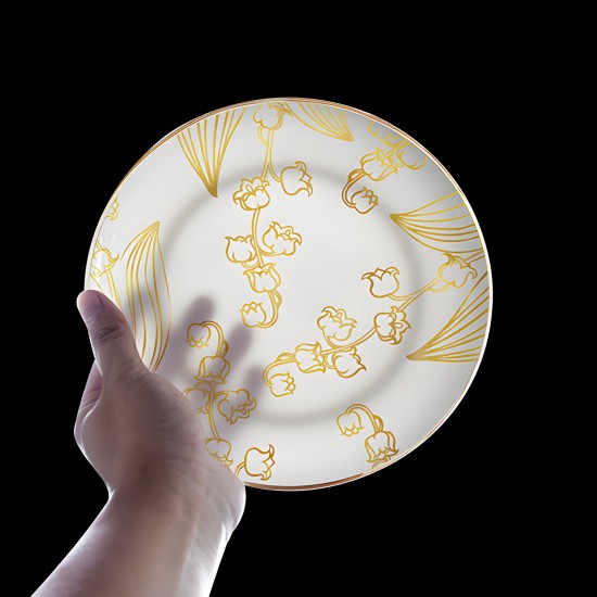 Elegant French Lily of the Valley Dinner Plate Nordic Style Bone China Plate Gold Rim Floral Charger Plate for Wedding