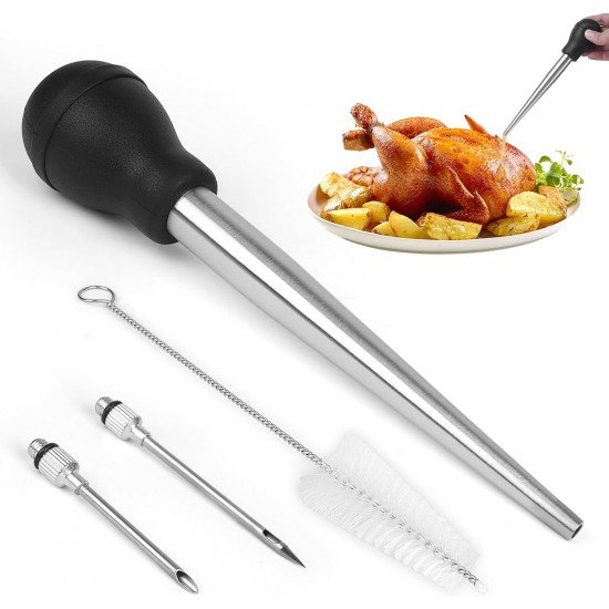 Premium Kitchen Meat Poultry Tools Stainless Steel Silicone Bulb Turkey Baster Set with Brush and 2 Marinade Injector Needles