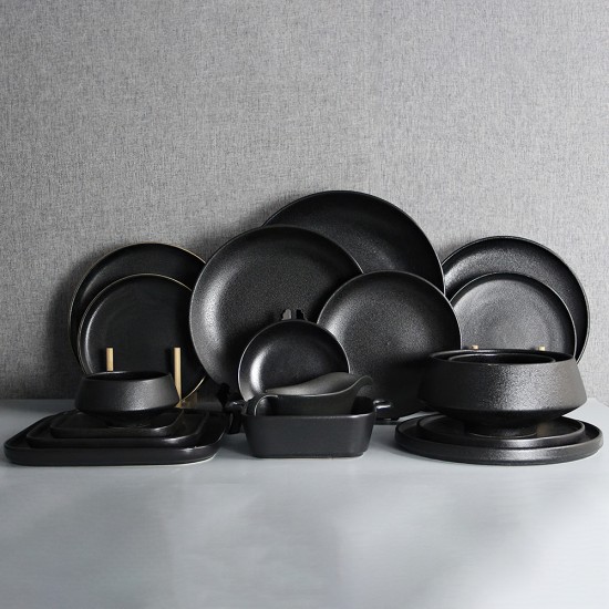 Wholesale Black Glazed Dinner Plates Sets Dinnerware Matte Black Round Square Tableware Assiettes En Porcelaine En Gros