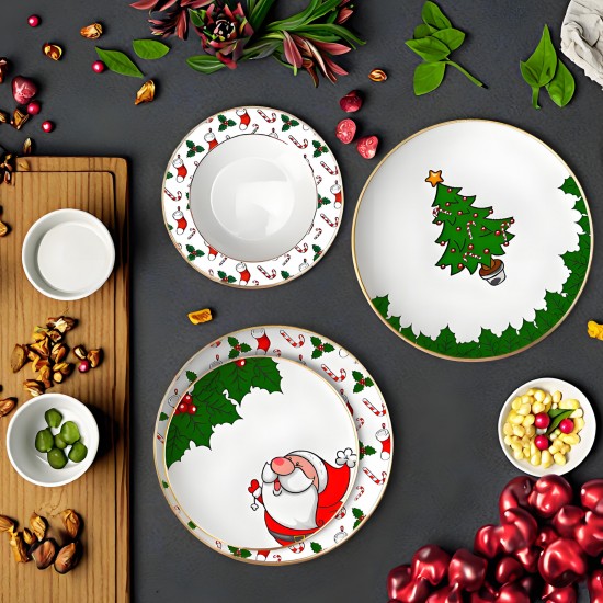 Customizable Christmas Holiday Plates Bone China Xmas Tree Plate Santa Claus New Years Eve Party Plates with Gold Rim