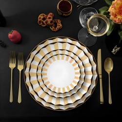 Luxury Gold and Black Rim Charger Plates  Bone China Nordic Style Geometric Stripe Dinner Plates in Wedding