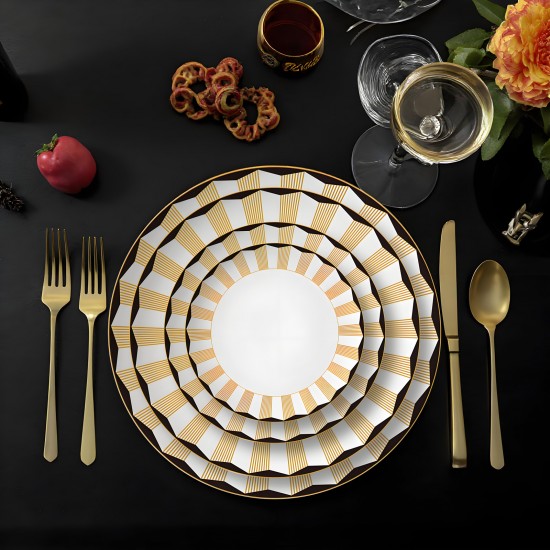 Luxury Gold and Black Rim Charger Plates  Bone China Nordic Style Geometric Stripe Dinner Plates in Wedding