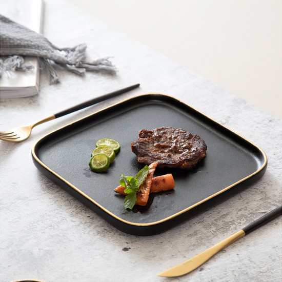 Matt Black Square Porcelain Dinner Plate Set Sushi Plates Set for Restaurant Black Square Steak Plate Ceramic Tea Tray