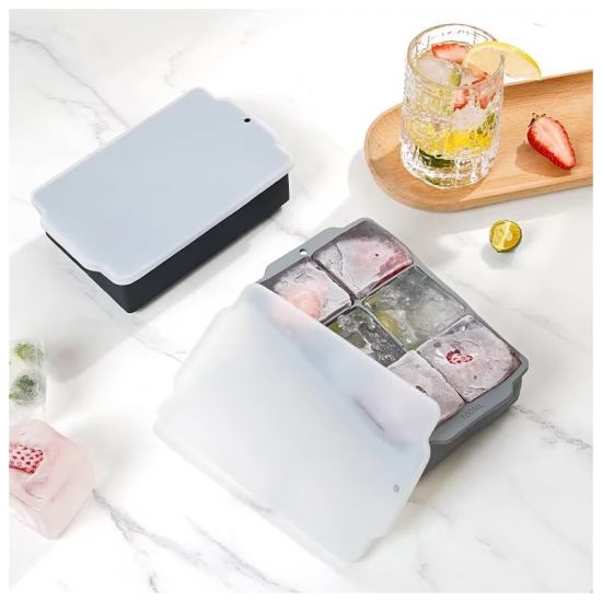 6-Cavity DIY Freezing Silicone Ice Cube Mold Food Grade Reusable Large Square Ice Cube Tray with Lid for Whiskey Beer Ice Cream