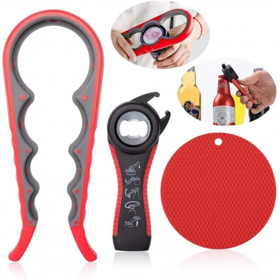 Anti slip Multi Functional 3 Pieces Combination Plastic Rubber Can Opener Large Jar Lid Opener Set with Gripper Pad Lid