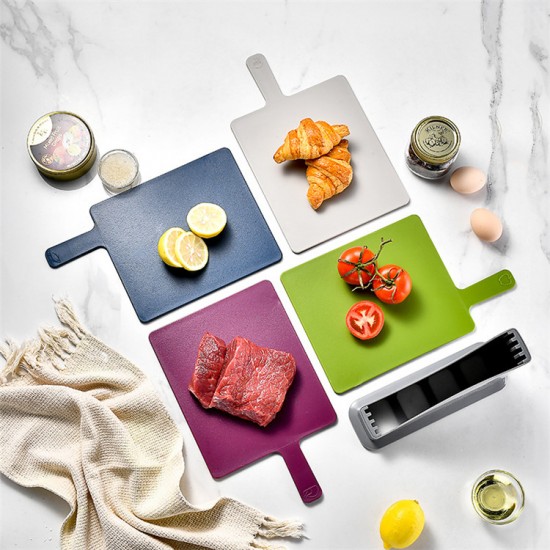 Fast Selling 4-Piece Smart Kitchen Gadgets Index Plastic Chopping Cutting Board Set with Storage Stand and Food Icons