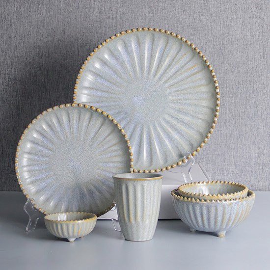 Wholesale Ceramic Bowls and Plates Dinner Set Reactive Glaze Retro Dinnerware for Restaurant