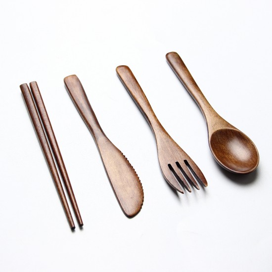 Reusable Fork Knife and Spoon Set for Travel Camping Natural Wooden Kids Cutlery Flatware Sets