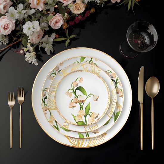 Gold Rim Lily of the Valley Decorative Plates for Events Bone China Flower Dinner Charger Plate for Wedding Festive Holiday