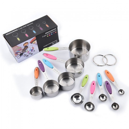 Round Shape 10 Piece Colored Silicone Handle Heavy Duty Stainless Steel Measuring Cups and Measuring Spoons Set