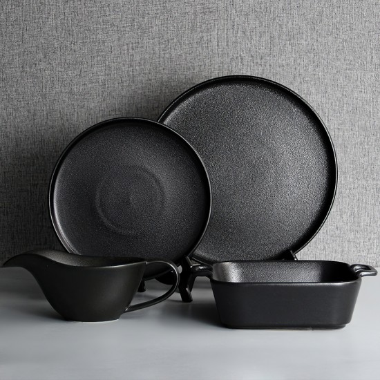 Wholesale Matte Black Pizza Pan Ceramic Flat Steak Plates Europe Style Rimmed Dinner Plate for Restaurant