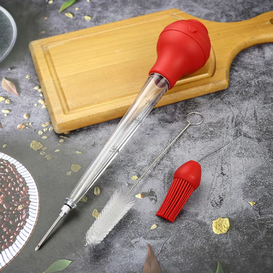 Professional Kitchen Accessories Silicone Head Plastic Turkey Baster BBQ Marinade Syringe Injector with Cleaning Brush