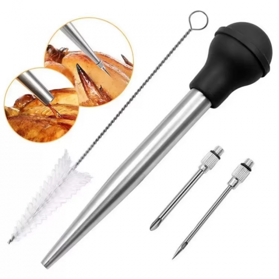 Premium Kitchen Meat Poultry Tools Stainless Steel Silicone Bulb Turkey Baster Set with Brush and 2 Marinade Injector Needles