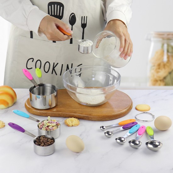 Stainless Steel Measuring Cups and Measuring Spoons Set 10 Pcs/set Kitchen Cooking Measurement with Multi Color Soft Handle