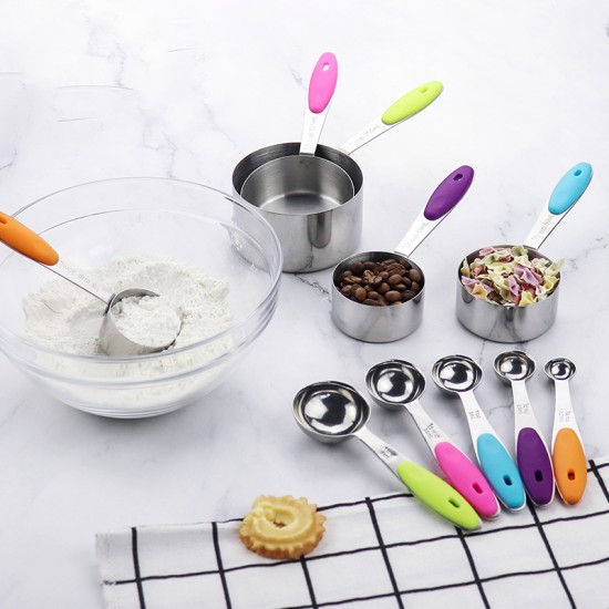 Stainless Steel Measuring Cups and Measuring Spoons Set 10 Pcs/set Kitchen Cooking Measurement with Multi Color Soft Handle
