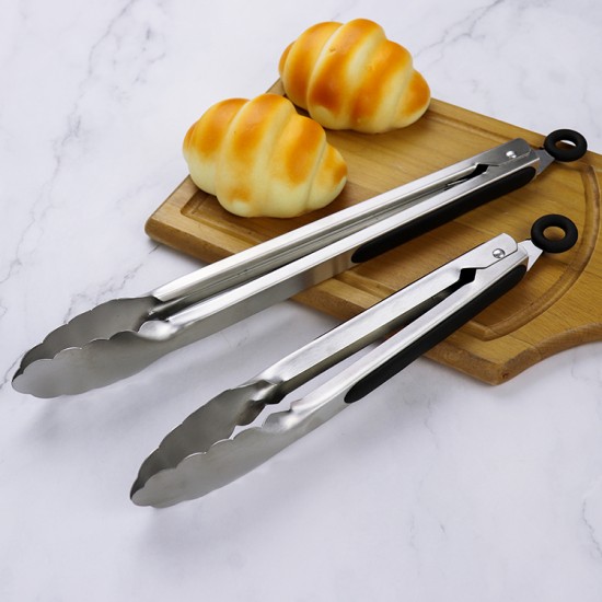 Durable Premium Kitchen Tools Non-Slip 9/12 Inch Stainless Steel Locking Food Tongs with TPR Anti Slip Strip for Cooking BBQ