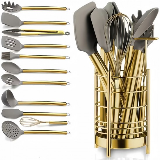 Heat Resistance Gold Plated 12 Piece Stainless Steel Handle Silicone Kitchen Cooking Utensils Set with Utensil Rack