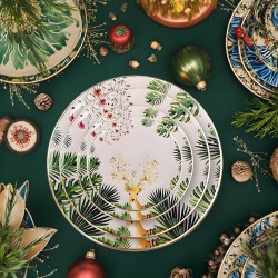 Luxury Gold Rim Reindeer Christmas Plates Bone China Ceramic Xmas Festive Season Dinner Plate Set with Deer Design