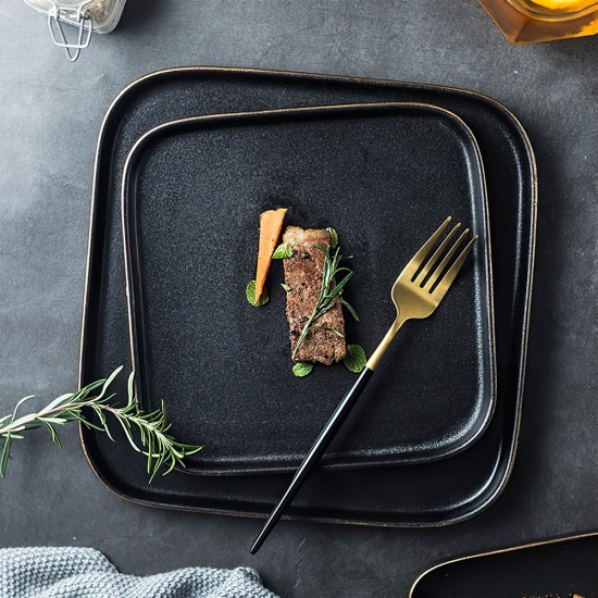 Matt Black Square Porcelain Dinner Plate Set Sushi Plates Set for Restaurant Black Square Steak Plate Ceramic Tea Tray