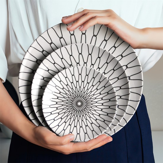 Wholesale Porcelain Geometric Stripe Dinner Plate Nordic Black and White Ceramic Plates for Restaurant Decoration