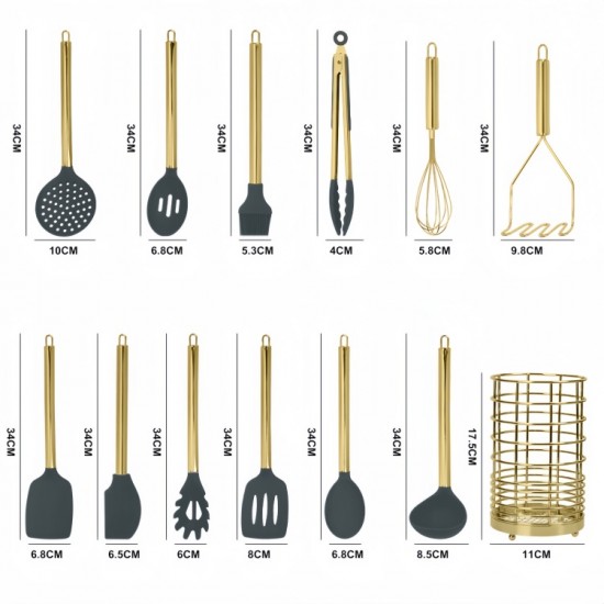 Heat Resistance Gold Plated 12 Piece Stainless Steel Handle Silicone Kitchen Cooking Utensils Set with Utensil Rack