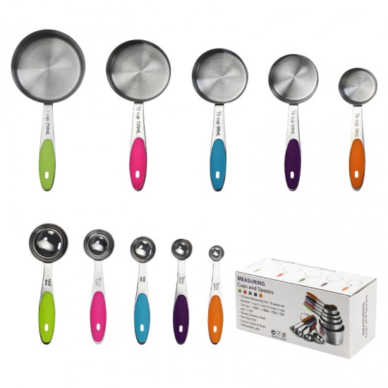 Stainless Steel Measuring Cups and Measuring Spoons Set 10 Pcs/set Kitchen Cooking Measurement with Multi Color Soft Handle