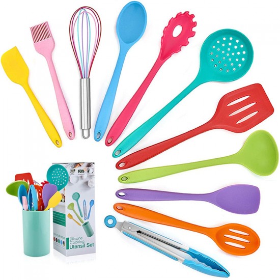 Wholesale Eco Friendly Food Grade 12 Piece Colorful Silicone Kitchen Cooking Tools Utensils Sets with Holder