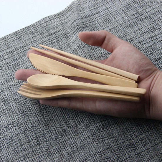 Reusable Fork Knife and Spoon Set for Travel Camping Natural Wooden Kids Cutlery Flatware Sets