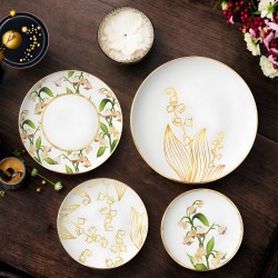 Gold Rim Lily of the Valley Decorative Plates for Events Bone China Flower Dinner Charger Plate for Wedding Festive Holiday