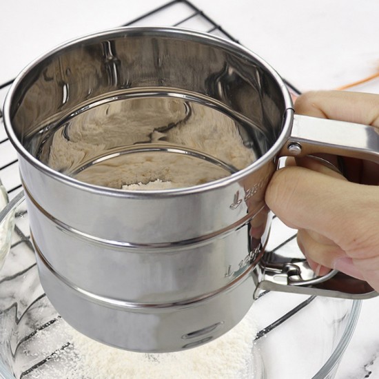 Stainless Steel Double Layers Sieve with Hand Press Flour Sifter Kitchen Tools Manual Flour Sieve Flour Screen Baking Tools